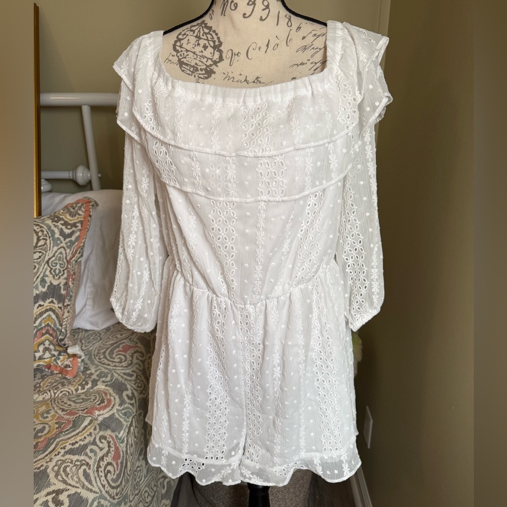 Express White Eyelet Off-Shoulder Romper with Ruffle Detail